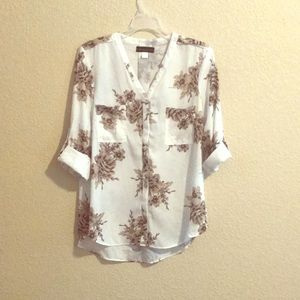 Rolled cuff, White and Taupe Floral Blouse, Large